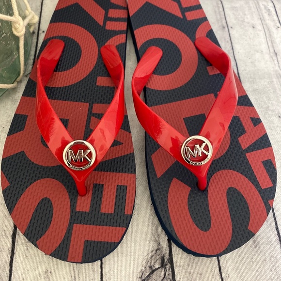 NEW! MICHAEL KORS WOMENS NAVY AND RED FLIP FLOPS MK LOGO - Picture 2 of 4